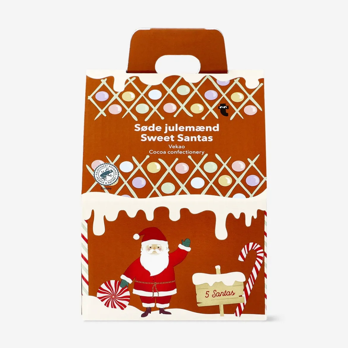 Babbo Natale al latte e cacao in contenitore con casetta di pan di zenzero - 5 pz.