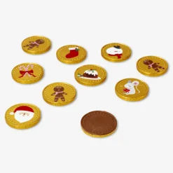 Monete di cioccolato al latte con personaggi di pan di zenzero
