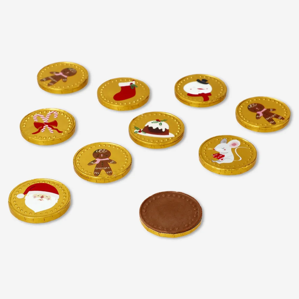 Monete di cioccolato al latte con personaggi di pan di zenzero